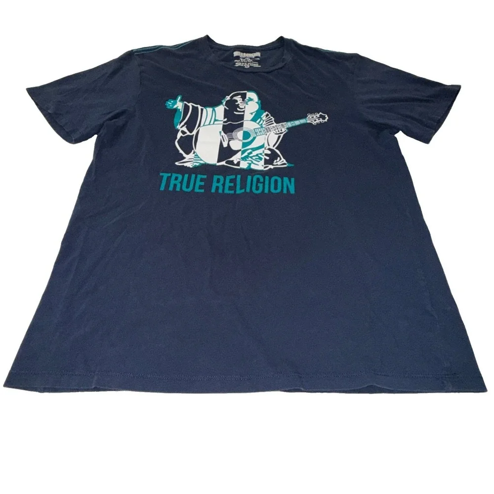 True Religion Men's Sz Medium Navy Blue Guitar Buddha Graphic Logo T-Shirt